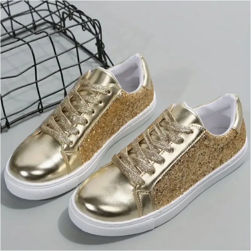 Women's Gold Sequin Glitter Sneakers Shoes Low Top Sparkle Festival